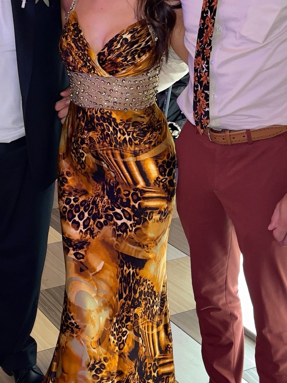 Sleeveless Leopard Print Evening Gown in Amber Gold Y2K